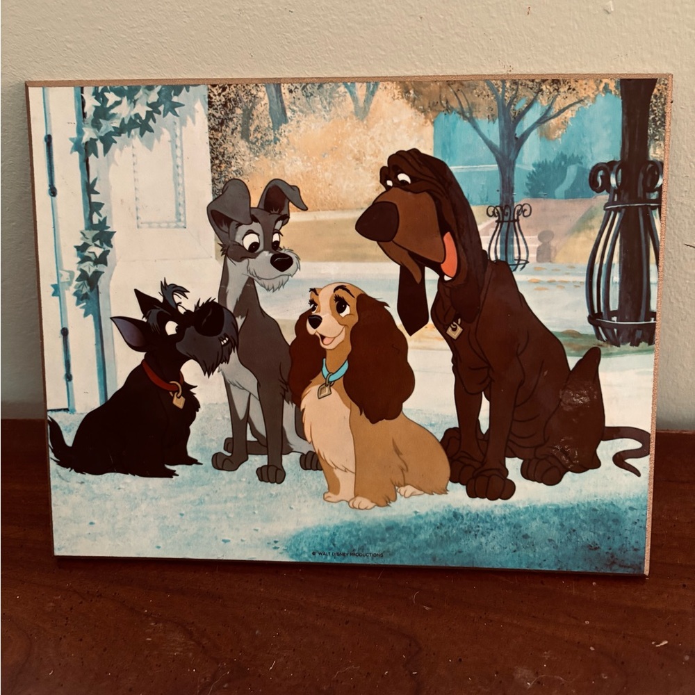 Vintage Walt Disney Productions Lady & The Tramp Wooden Plaque Wall Art, 8x10